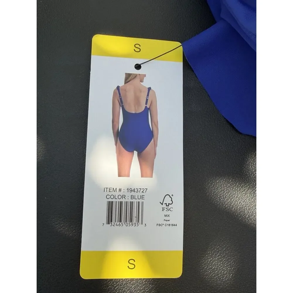 DKNY Blue One-Piece Swimsuit Ruffle Trim Adjustable Straps Size Small NWT - Picture 4 of 4